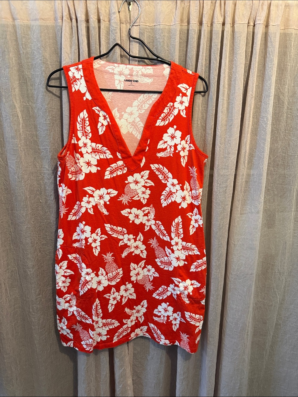 Lands' End Red Tropical Print V-Neck Sleeveless Dress